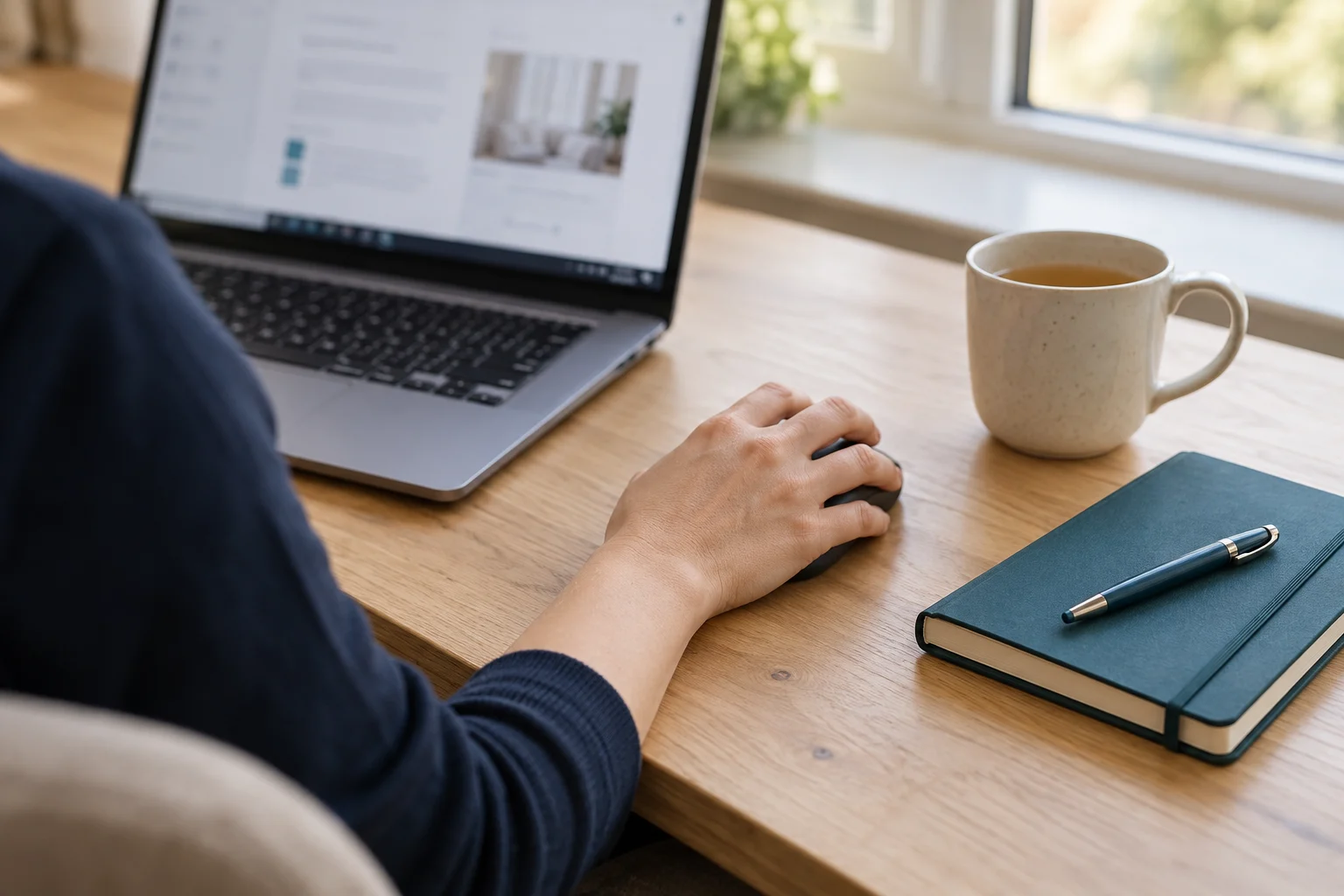 Original generated illustration of a face-free desk scene, with a hand using a mouse beside a laptop and notebook.